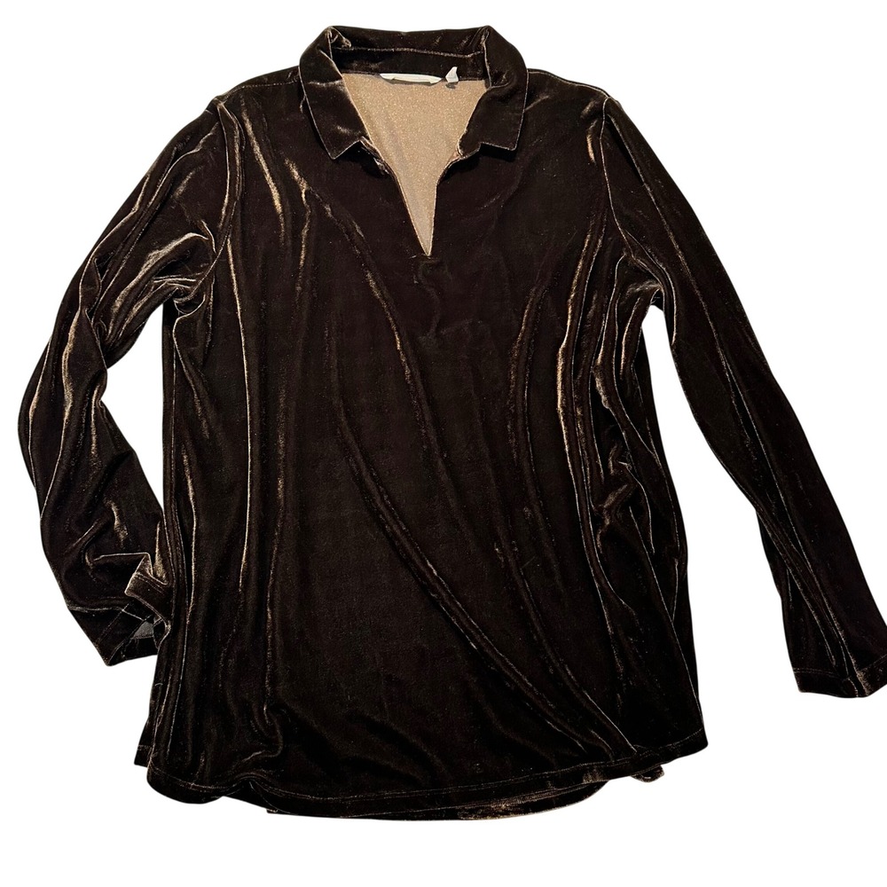 Soft Surroundings Velvet Polo Top Womens XL‎ Brown Luxe Cozy Shimmer 2BJ44
